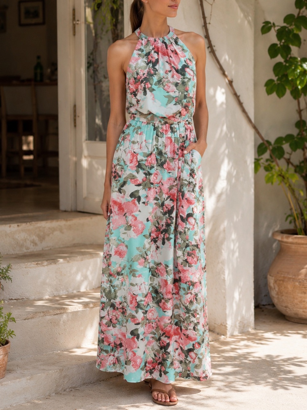 NWT Floral Halter Maxi Dress in Pink and Blue Watercolor Print Size 4